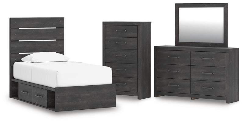 Hollivern - 4 Pc. - Twin Panel Storage Bed, Dresser, Mirror And Chest - Dark Gray
