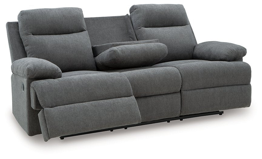 Side-Swipe Reclining Sofa with Drop Down Table